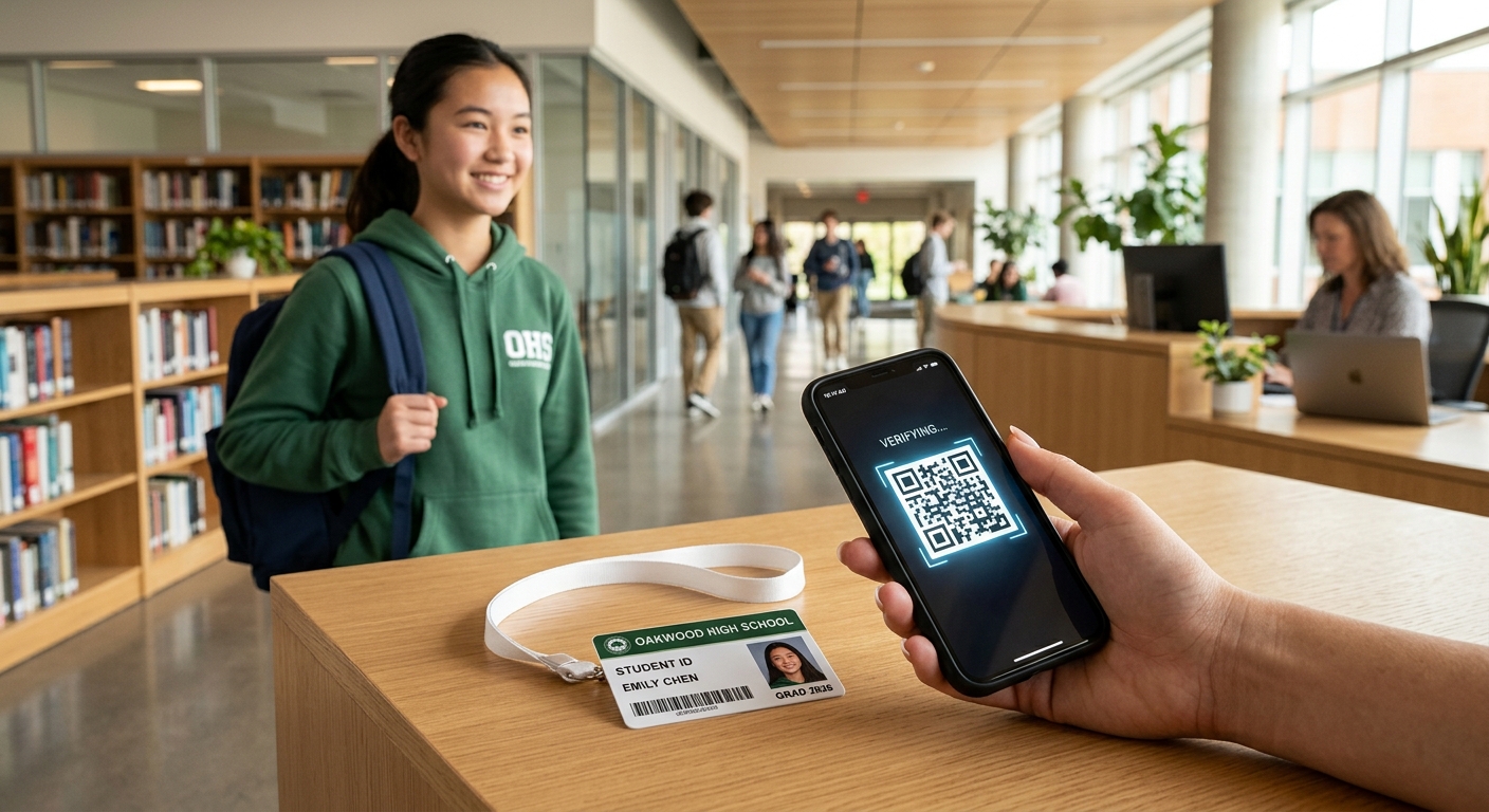 Egy személy okostelefonnal beolvas egy QR-kódot egy diákigazolvány ellenőrzéséhez az Oakwood középiskolában