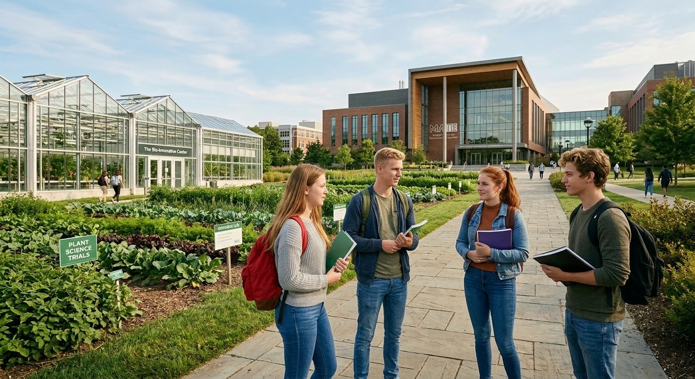 Egyetemi hallgatók beszélgetnek a MATE campusán, az üvegházak és a kísérleti kertek mellett
