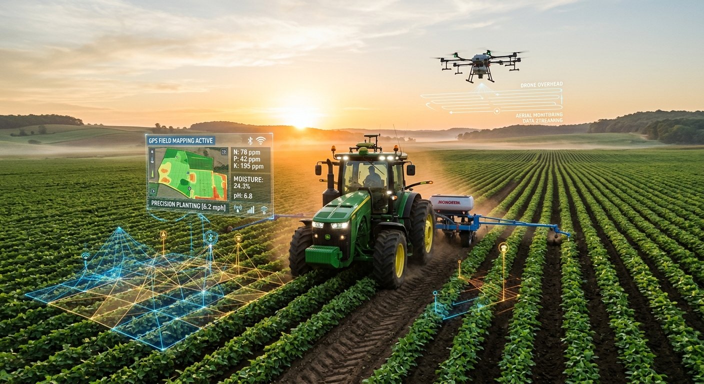 Precíziós gazdálkodás: traktor és drón digitális adatkijelzőkkel, GPS-térképezéssel és talajadatokkal